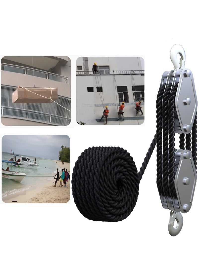 SYOSI Block and Tackle Pulley System, 2200 LBS Breaking Strength, Heavy Duty 50 Ft 3/8" Rope Pulley, 5:1 Lifting Power, Ideal for Animal Husbandry, Warehouses, Construction Sites (Black) - Image 1