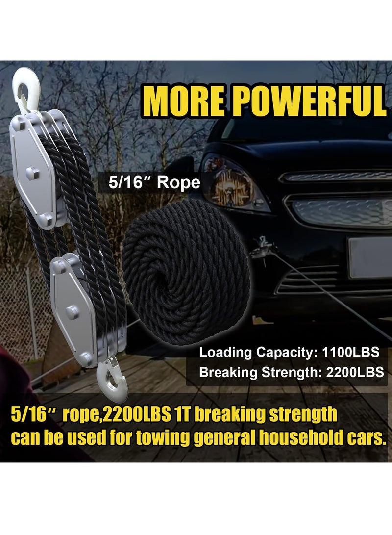 SYOSI Block and Tackle Pulley System, 2200 LBS Breaking Strength, Heavy Duty 50 Ft 3/8" Rope Pulley, 5:1 Lifting Power, Ideal for Animal Husbandry, Warehouses, Construction Sites (Black) - Image 2
