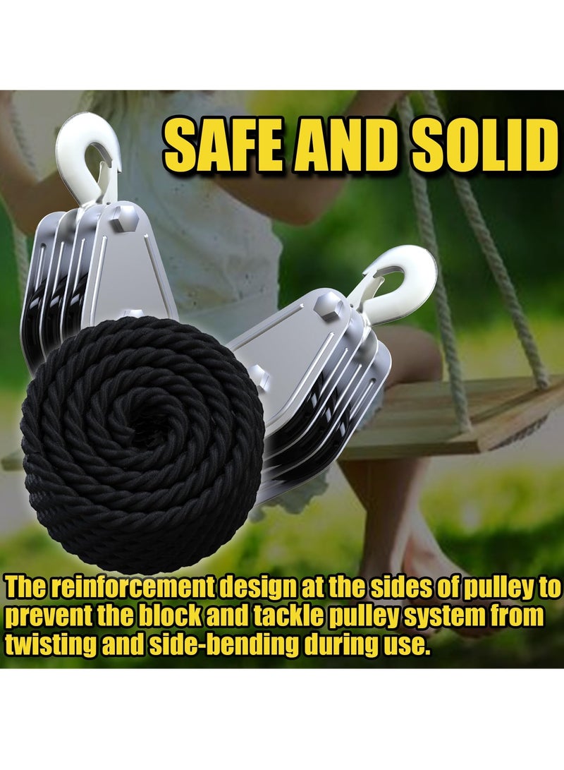 SYOSI Block and Tackle Pulley System, 2200 LBS Breaking Strength, Heavy Duty 50 Ft 3/8" Rope Pulley, 5:1 Lifting Power, Ideal for Animal Husbandry, Warehouses, Construction Sites (Black) - Image 3