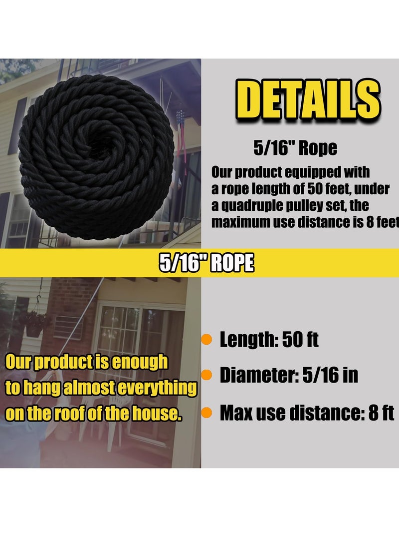 SYOSI Block and Tackle Pulley System, 2200 LBS Breaking Strength, Heavy Duty 50 Ft 3/8" Rope Pulley, 5:1 Lifting Power, Ideal for Animal Husbandry, Warehouses, Construction Sites (Black) - Image 4