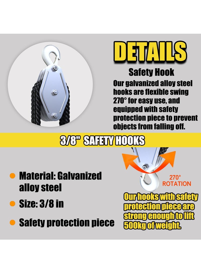 SYOSI Block and Tackle Pulley System, 2200 LBS Breaking Strength, Heavy Duty 50 Ft 3/8" Rope Pulley, 5:1 Lifting Power, Ideal for Animal Husbandry, Warehouses, Construction Sites (Black) - Image 5
