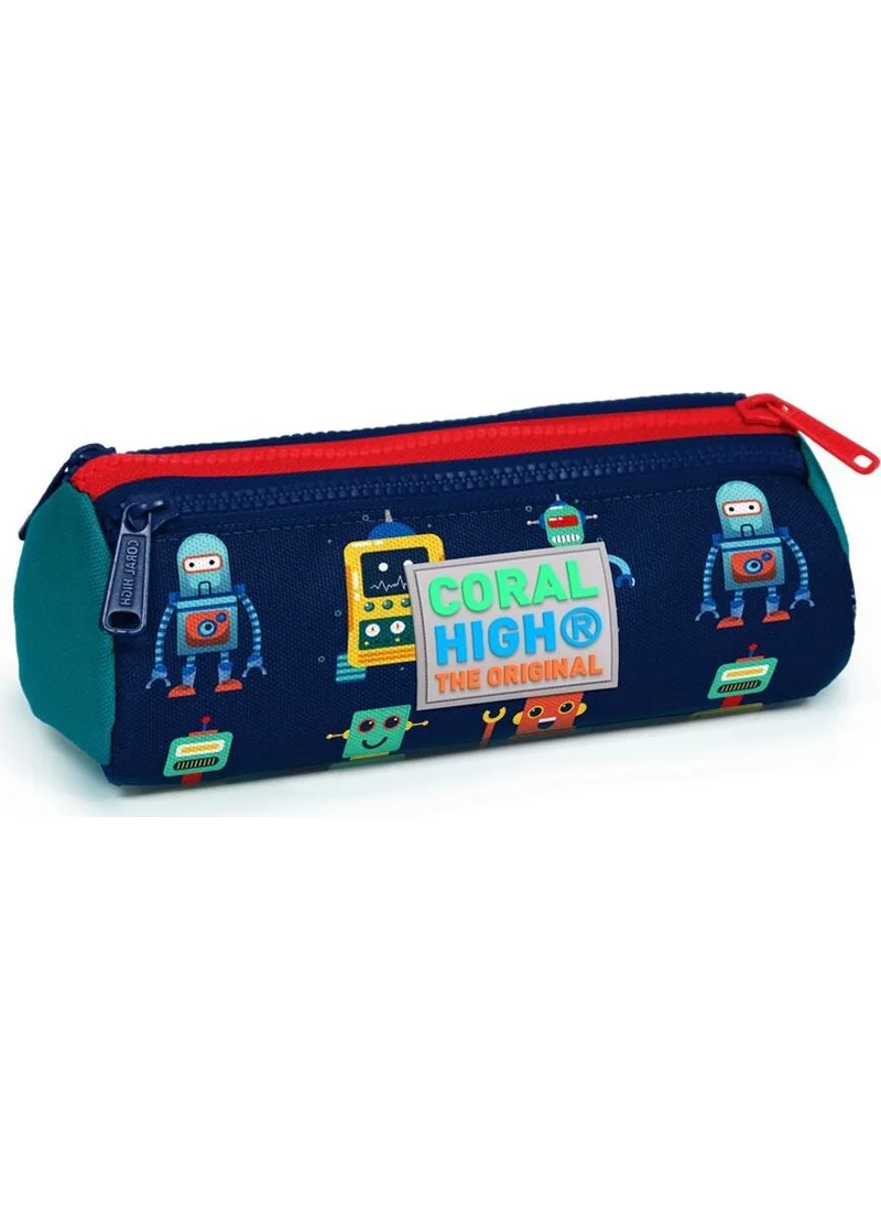 CORAL HIGH Kids Dark Blue Robot Patterned Three Compartment Pencil Bag 22324