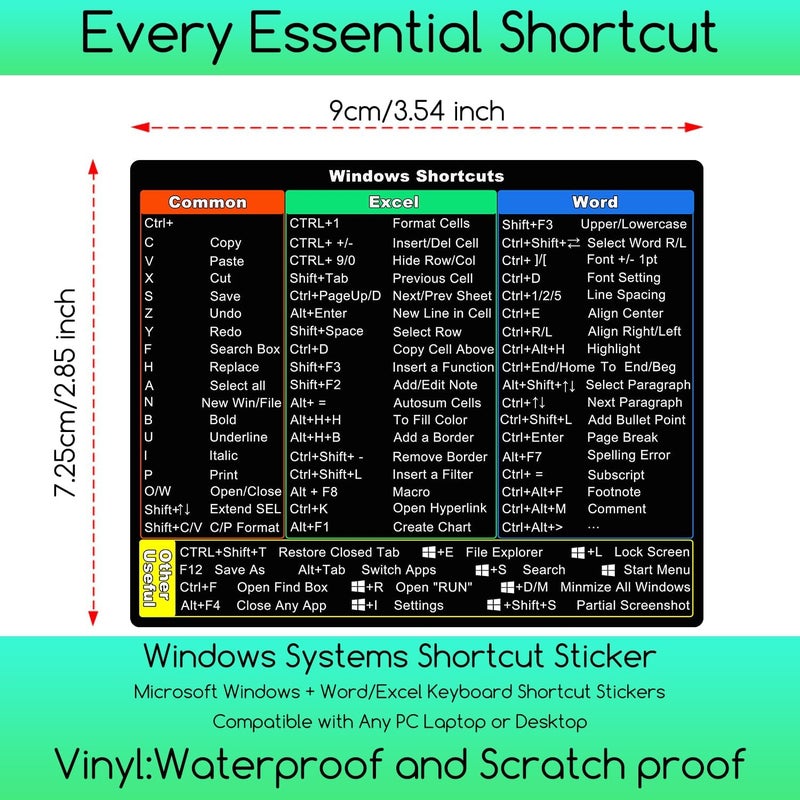 حزمة 2 من ملصقات اختصارات لوحة المفاتيح لنظامي Windows 11/10 - دليل مرجعي سريع لـ Microsoft Windows + Word/Excel - لأي كمبيوتر محمول أو مكتبي (شفاف + ملون) - Image 2