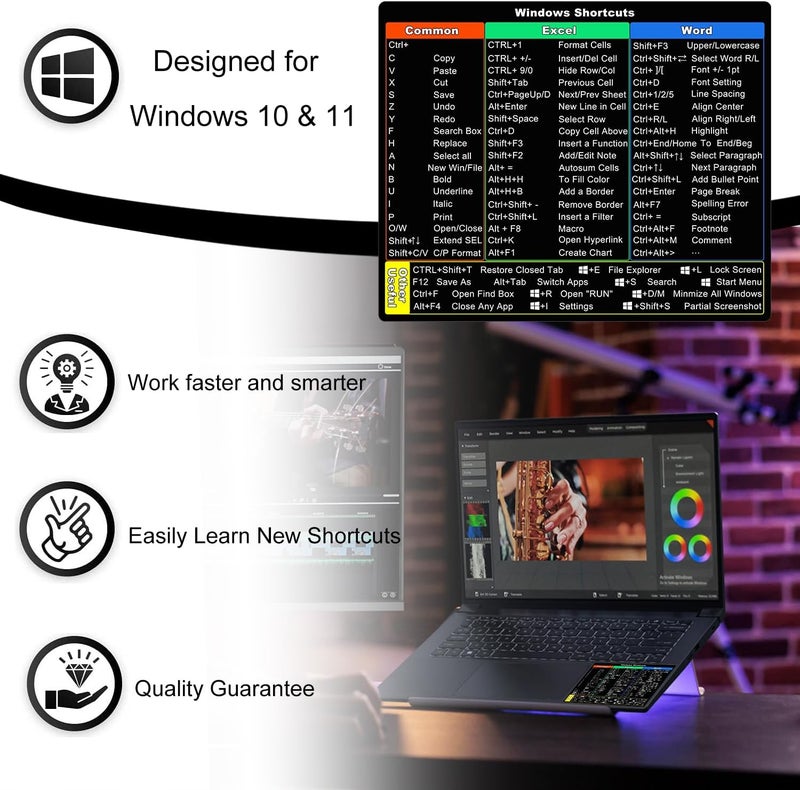 حزمة 2 من ملصقات اختصارات لوحة المفاتيح لنظامي Windows 11/10 - دليل مرجعي سريع لـ Microsoft Windows + Word/Excel - لأي كمبيوتر محمول أو مكتبي (شفاف + ملون) - Image 4