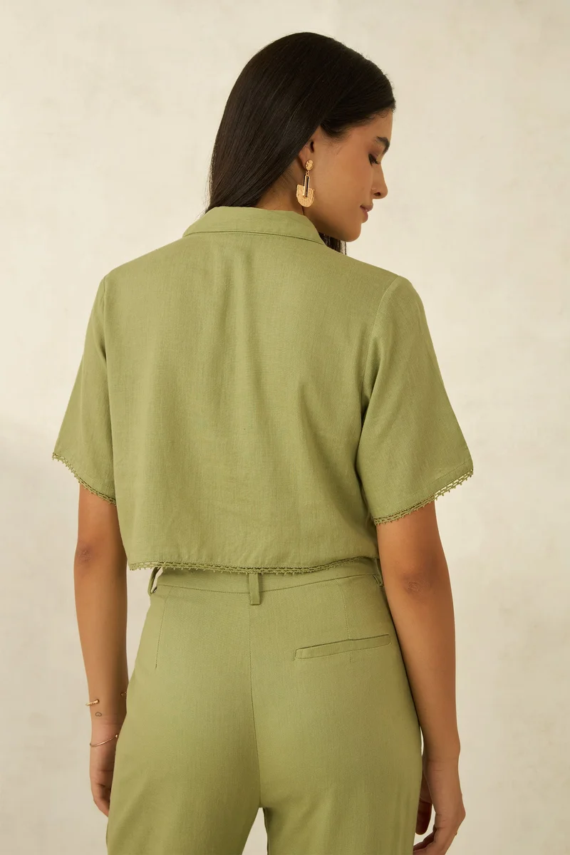 Virgio Linen Printed Brunchwear Cropped Boxy Fit Lace Shirts for Women