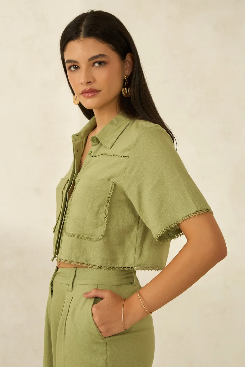 Virgio Linen Printed Brunchwear Cropped Boxy Fit Lace Shirts for Women