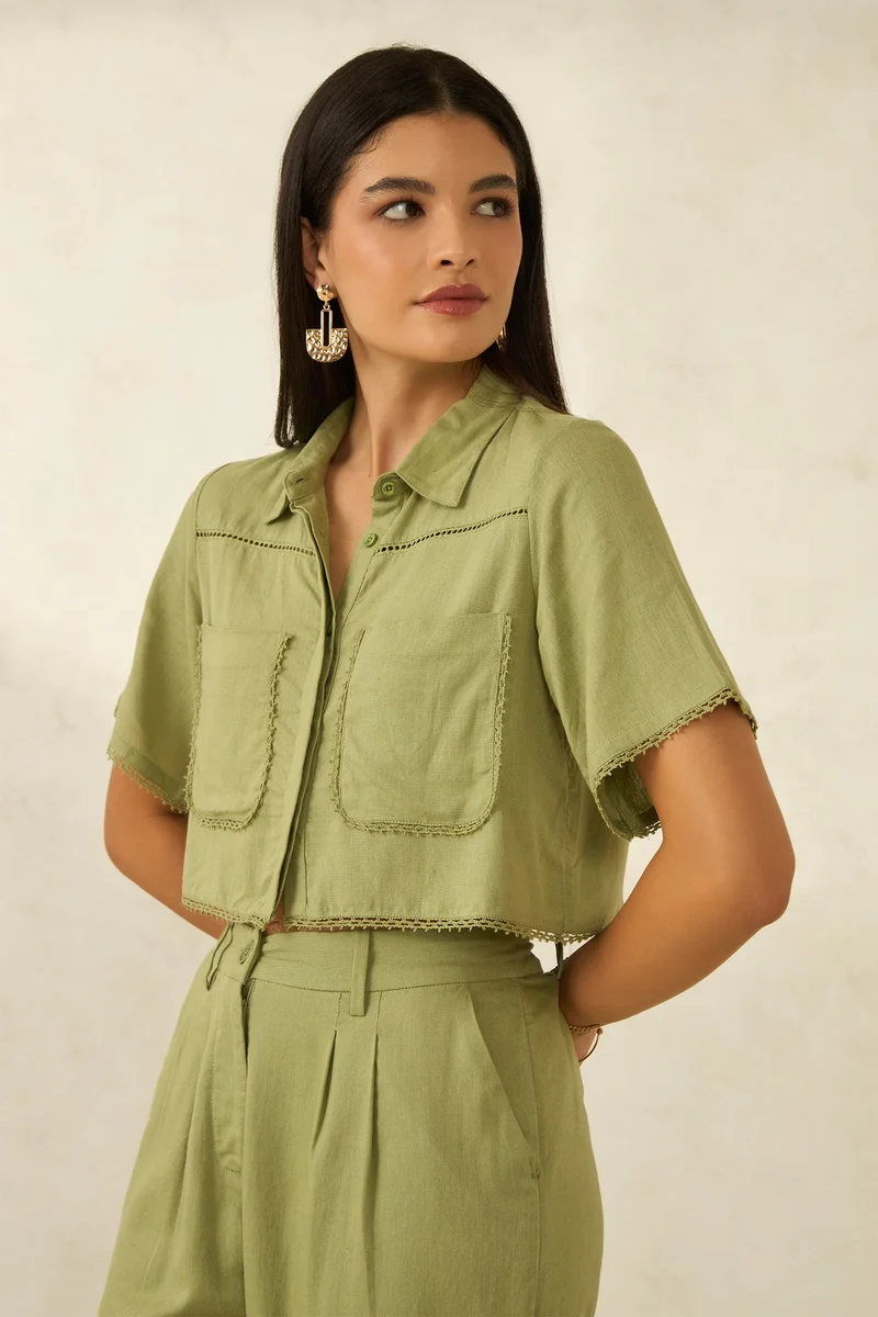 Virgio Linen Printed Brunchwear Cropped Boxy Fit Lace Shirts for Women