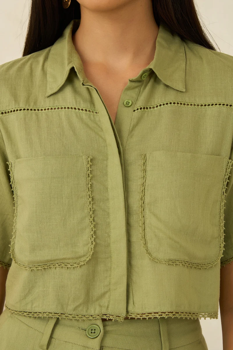 Virgio Linen Printed Brunchwear Cropped Boxy Fit Lace Shirts for Women