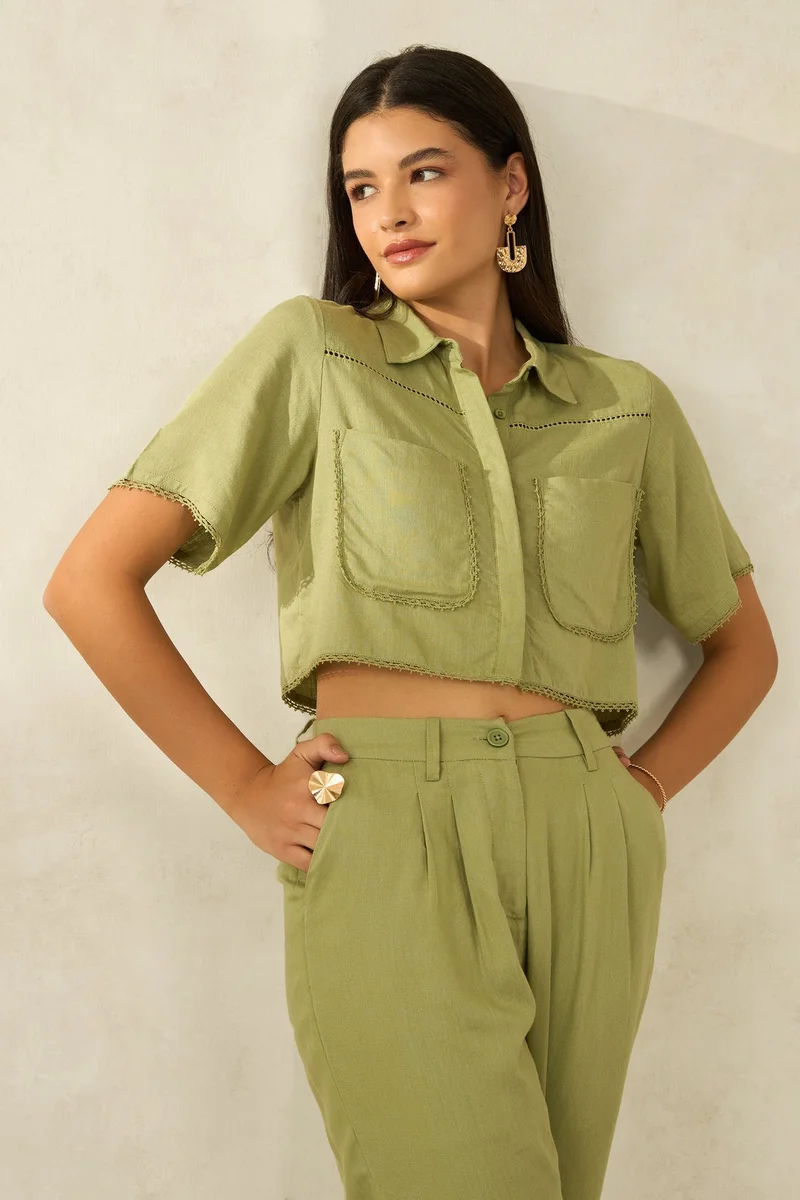 Virgio Linen Printed Brunchwear Cropped Boxy Fit Lace Shirts for Women