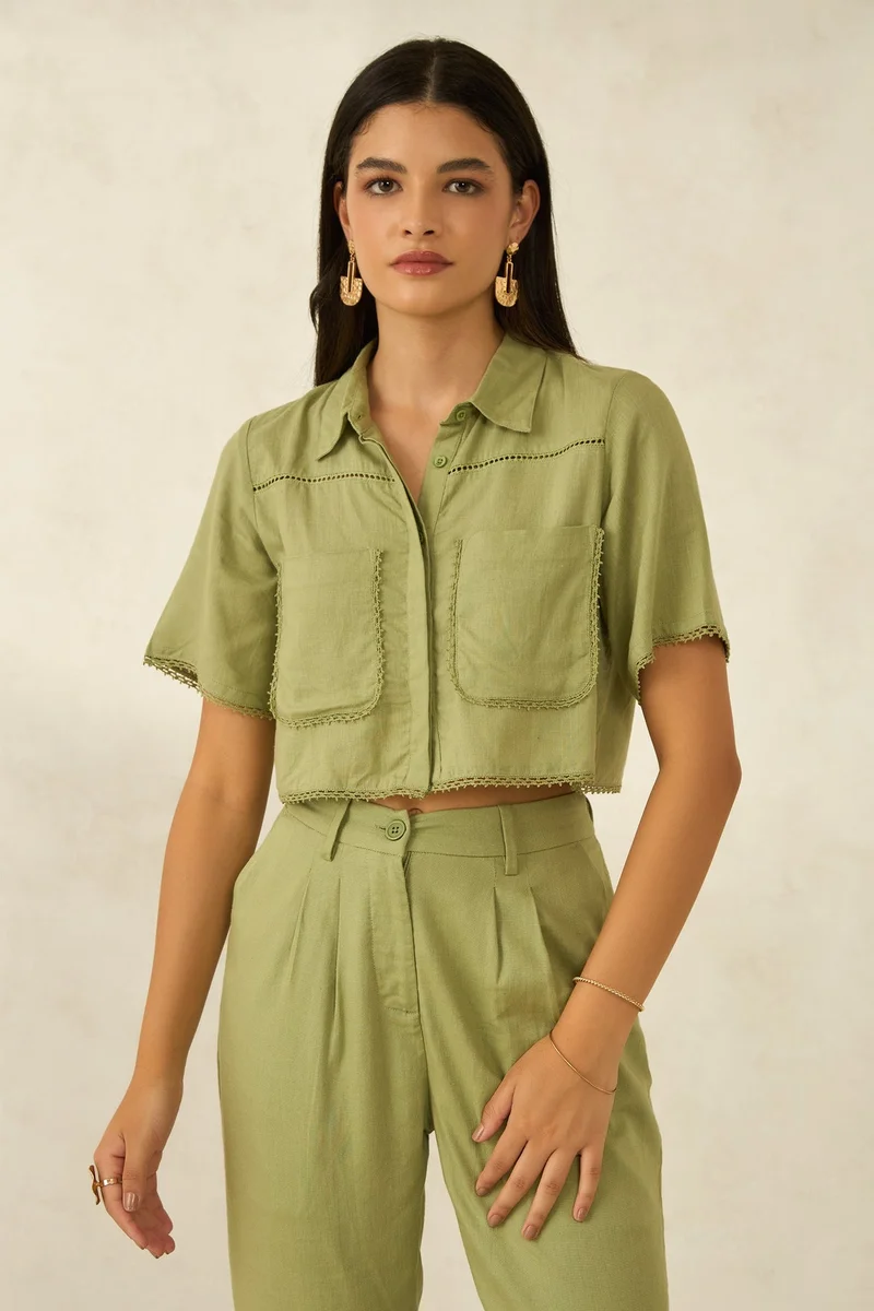 Virgio Linen Printed Brunchwear Cropped Boxy Fit Lace Shirts for Women