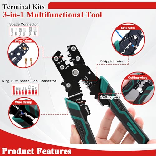 Tnisesm 1100pcs Wire Connectors - Insulated Electrical Wire Terminals with Crimp/Stripping/Cutting Multifunction Wire Crimping Tool 22-10AWG- Ring, Butt, Spade, Fork Connector Kit - Image 2