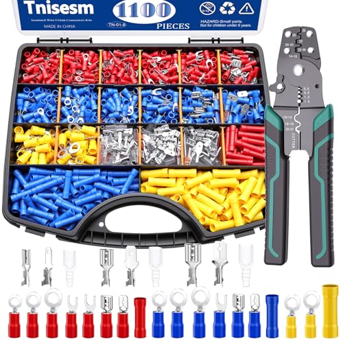 Tnisesm 1100pcs Wire Connectors - Insulated Electrical Wire Terminals with Crimp/Stripping/Cutting Multifunction Wire Crimping Tool 22-10AWG- Ring, Butt, Spade, Fork Connector Kit - Image 1