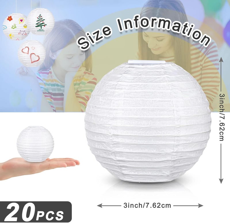 Hortsun هورتسون 20 قطعة فوانيس ورقية صينية يابانية 3 بوصات فوانيس كروية معلقة زينة لمناسبات الزفاف وحفلات عيد الميلاد وحفلات الاستحمام وزينة المنزل بيضاء - Image 2