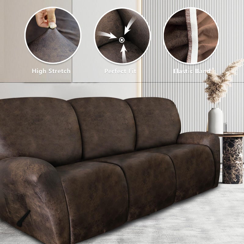 ANARACHON Leather Look Recliner Couch Cover 8-Piece Recliner Sofa Slipcovers 3 Seater for Reclining Couches Furniture Protector Spandex Fabric Washable (Recliner Sofa, Brown) - Image 5