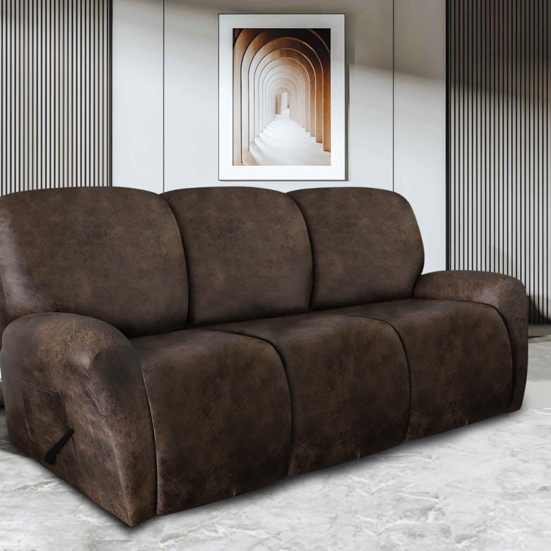ANARACHON Leather Look Recliner Couch Cover 8-Piece Recliner Sofa Slipcovers 3 Seater for Reclining Couches Furniture Protector Spandex Fabric Washable (Recliner Sofa, Brown) - Image 2