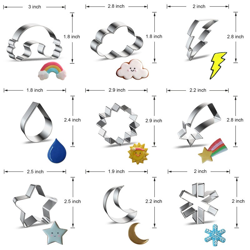 Xzhloym Weather Cookie Cutter Set for Baking - 9 Piece - Rainbow Cloud Lightning Bolt Raindrop Sun Shooting Star Moon Snowflake Cookie Cutters Shapes Molds for Kids Holiday Birthday Party Supplies Favors  - Image 1