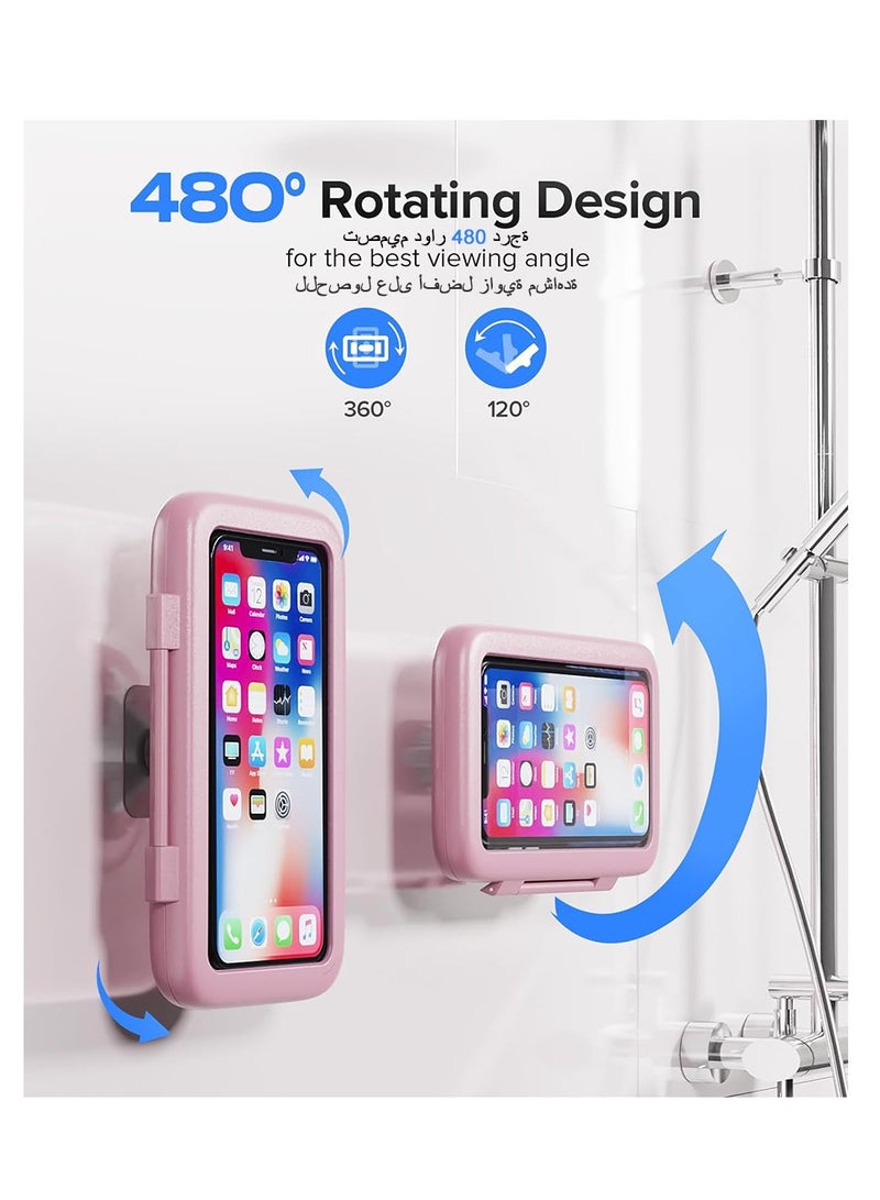 Shower Phone Holder Waterproof 480 Rotation Phone Stand Case Mount for Bathroom Batheub Kitchen Wall Mirro Compatible with iPhone 15 14 13 12 11 Plus Pro Max XS XR up to 6.8 inch Cell Phone - Pink - Image 5