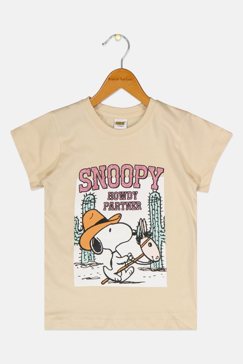 Peanuts Kids Girl Crew Neck Printed Short Sleeve T-shirt, Beige - Image 2