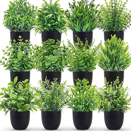 Der Rose Fake Plants 12 Pack Artificial Plants Small Faux Plants in Black Pot for Bathroom Home Office Table Decor Indoor - Image 1