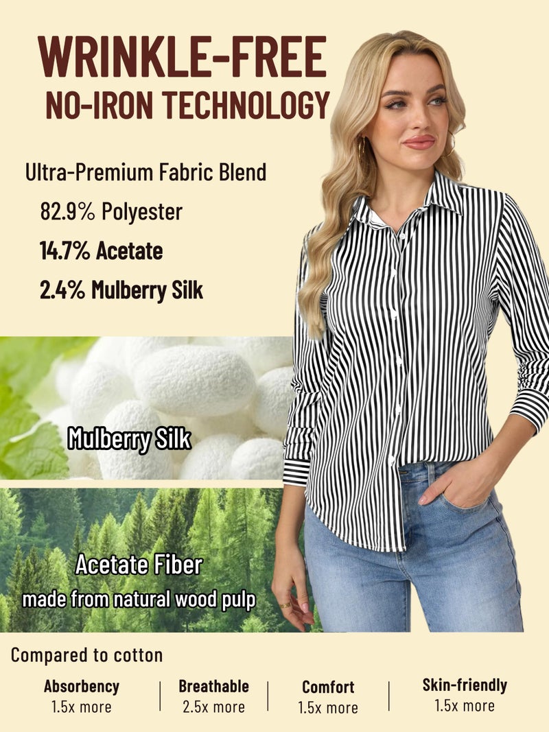 COUXILY Striped Button Down Shirts Business Casual Outfits for Women Dress Long Sleeve Silk Shirt Formal Blouses Collared Office Work Dressy Up Tops Blouse Wrinkle Free Black and White Size L - Image 3