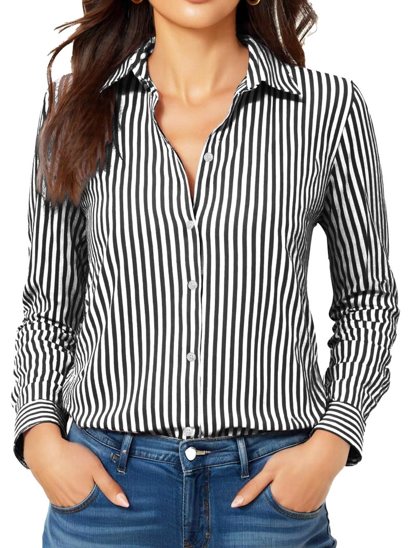 COUXILY Striped Button Down Shirts Business Casual Outfits for Women Dress Long Sleeve Silk Shirt Formal Blouses Collared Office Work Dressy Up Tops Blouse Wrinkle Free Black and White Size L - Image 1