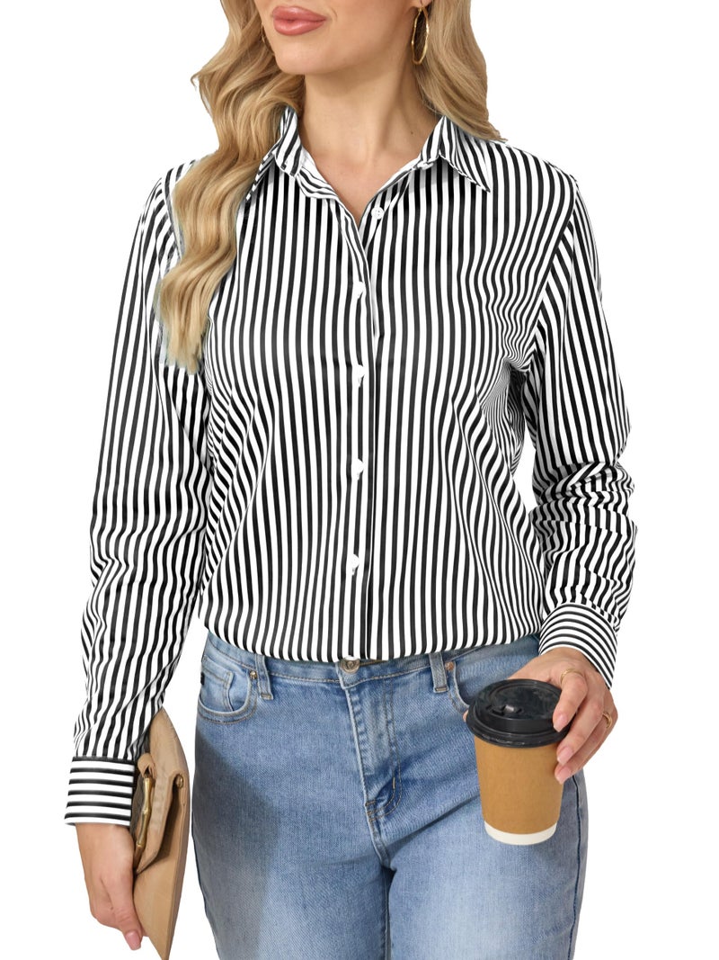 COUXILY Striped Button Down Shirts Business Casual Outfits for Women Dress Long Sleeve Silk Shirt Formal Blouses Collared Office Work Dressy Up Tops Blouse Wrinkle Free Black and White Size L - Image 2