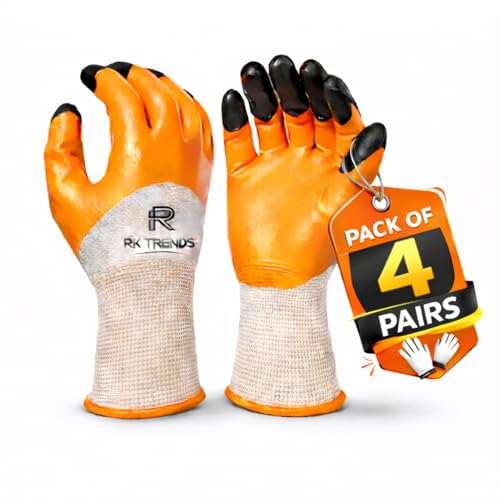 RK TRENDS Safety Gloves - Nylon, Nitrile-Coated Palms for Enhanced Grip - Ideal for Precision Work, Mechanics, and DIY Projects (Pack of 4 Pairs, Orange-Black (Nitrile Coated) - Image 1