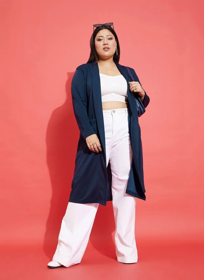 ساسافراس Navy Blue Longline Open Front Shrug for Women