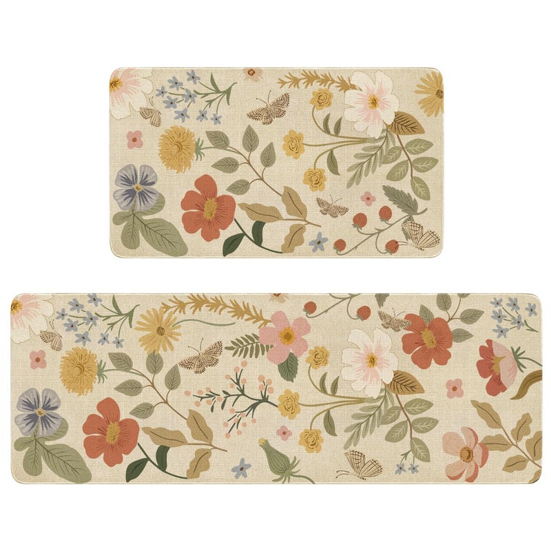 Xsinufn Boho Kitchen Mat Set of 2,Strawberry Floral Modern Farmhouse Kitchen Rugs and Mats Non Skid Washable,Bohemia Runner Rugs with Rubber Backing for Kitchen Decor Accessories (17"x47"+17"x30") - Image 1