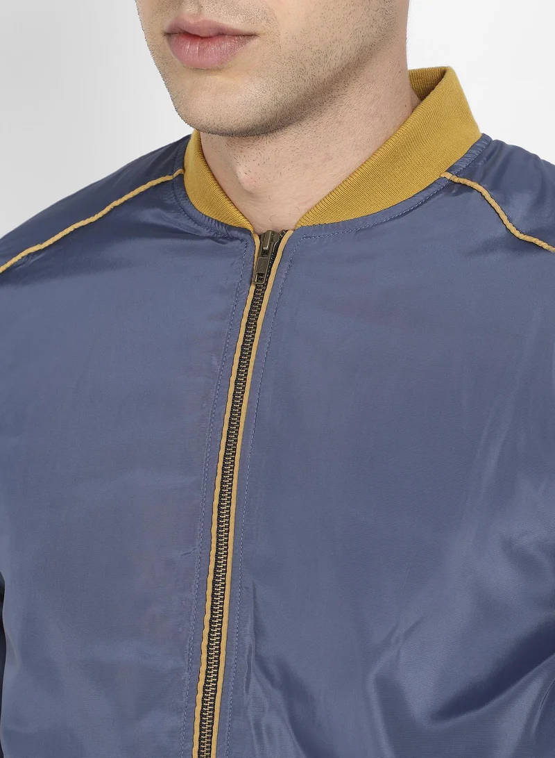 Campus Sutra Men's Blue Zip-Front Puffer Jacket With Contrast Piping