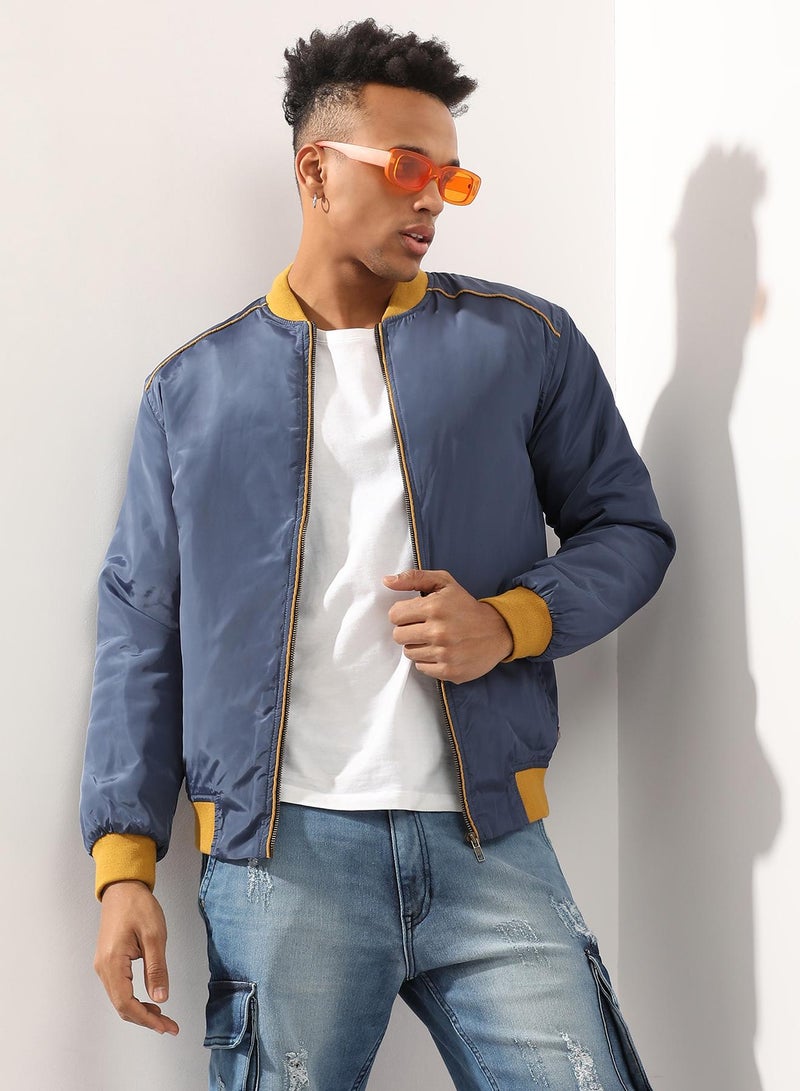 Campus Sutra Men's Blue Zip-Front Puffer Jacket With Contrast Piping - Image 1