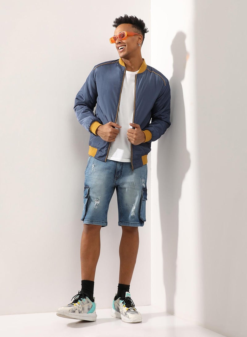 Campus Sutra Men's Blue Zip-Front Puffer Jacket With Contrast Piping - Image 2
