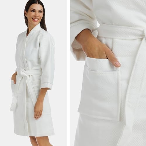 Fishers Finery Women's Cotton Modal Waffle Kimono Spa Robe; Absorbent Bathrobe with Pockets (White, L) - Image 2