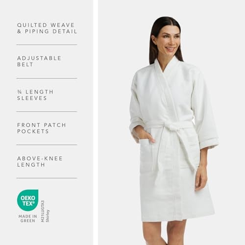 Fishers Finery Women's Cotton Modal Waffle Kimono Spa Robe; Absorbent Bathrobe with Pockets (White, L) - Image 3