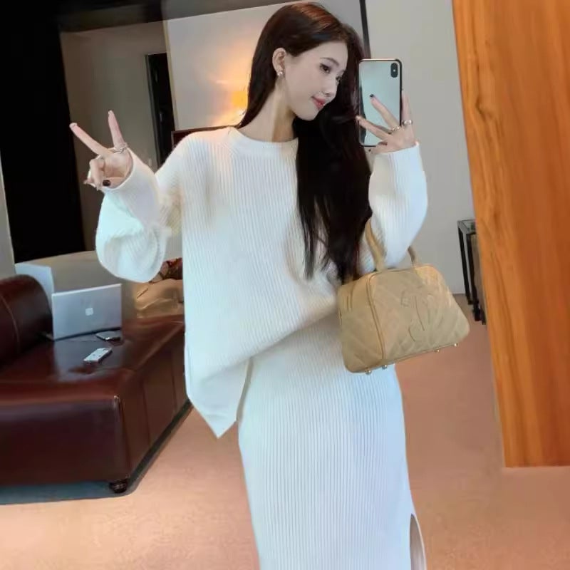 Chic Back Slit Sweater  Side Split Skirt Set Gray - Image 1