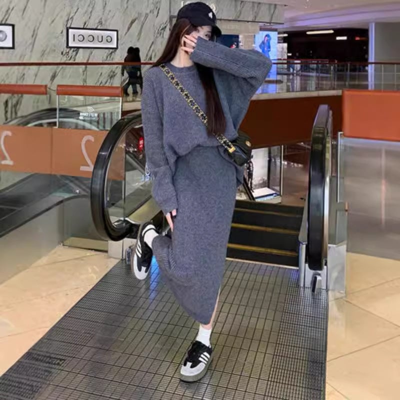 Chic Back Slit Sweater  Side Split Skirt Set Gray - Image 3