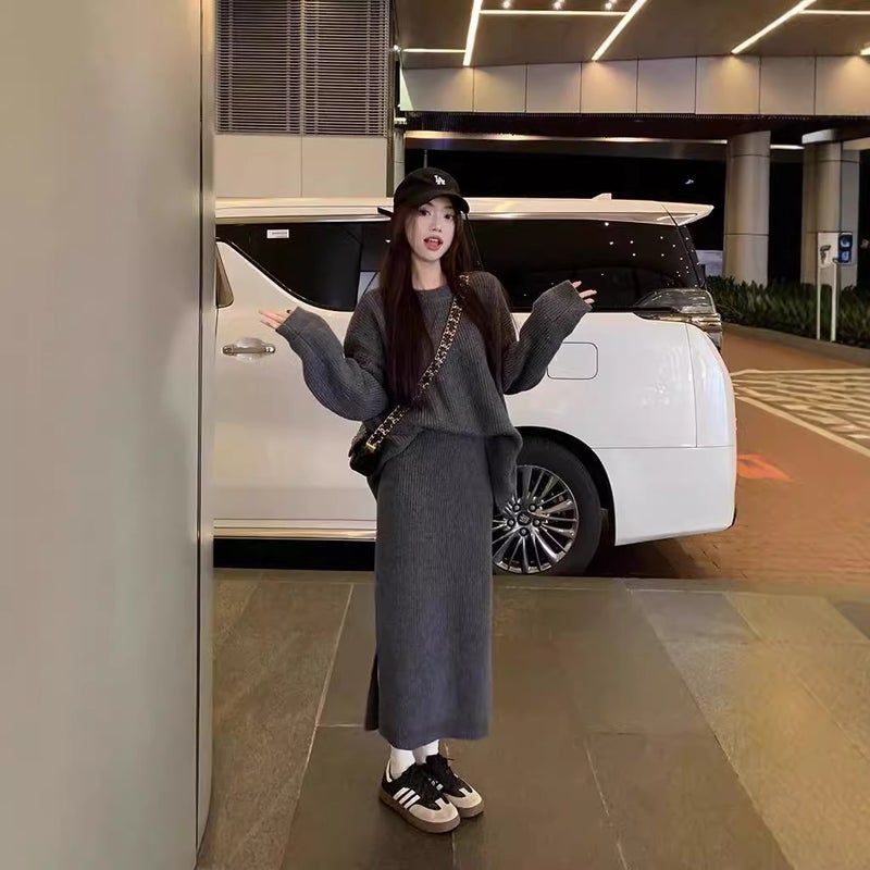 Chic Back Slit Sweater  Side Split Skirt Set Gray - Image 2