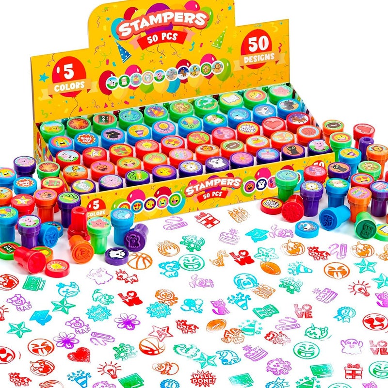 JOYIN 50 Pcs Assorted Stamps for Kids - Self-Ink Stamps with 50 Designs for Birthday Party Favor, Carnival Prizes, School Stampers, Goodie Bag, Halloween, Christmas (Zoo, Emoji, Holiday Stampers) - Image 1