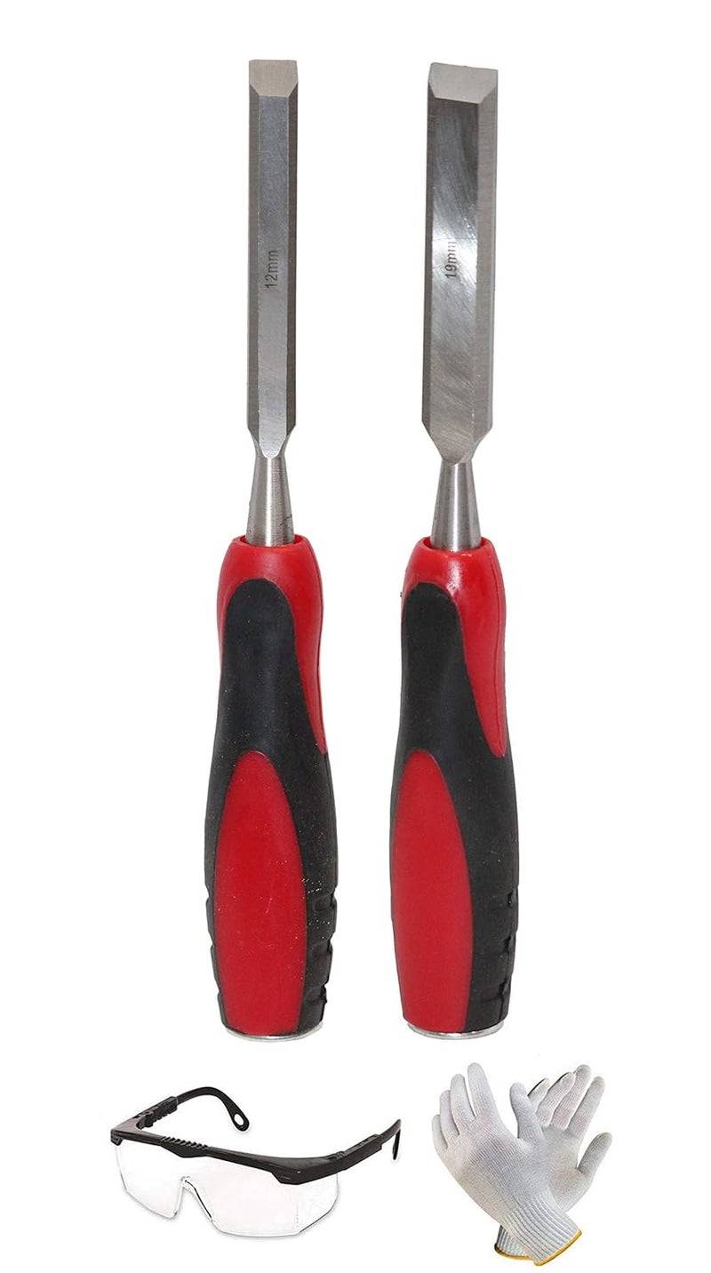 Digital Craft Digital Craft 2PCs High Carbon Steel Wood Carving Chisel Set Manganese Blades Woodworking Kit 12mm 19mm with Safety Goggles Gloves 