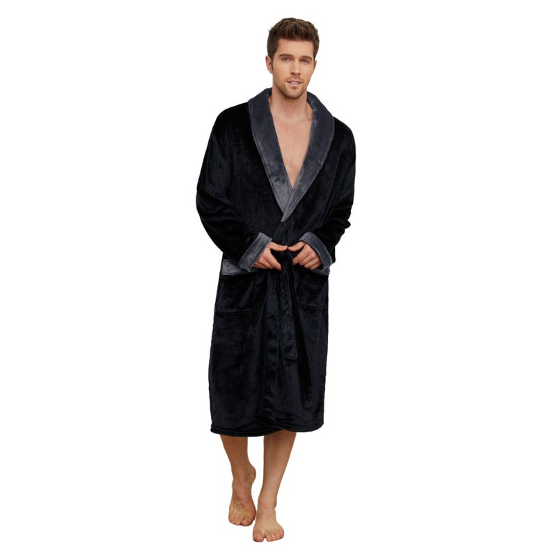 U2SKIIN Mens Fleece Robe Plush Collar Shawl Bathrobe(Black/Dark Grey,S/M) - Image 1