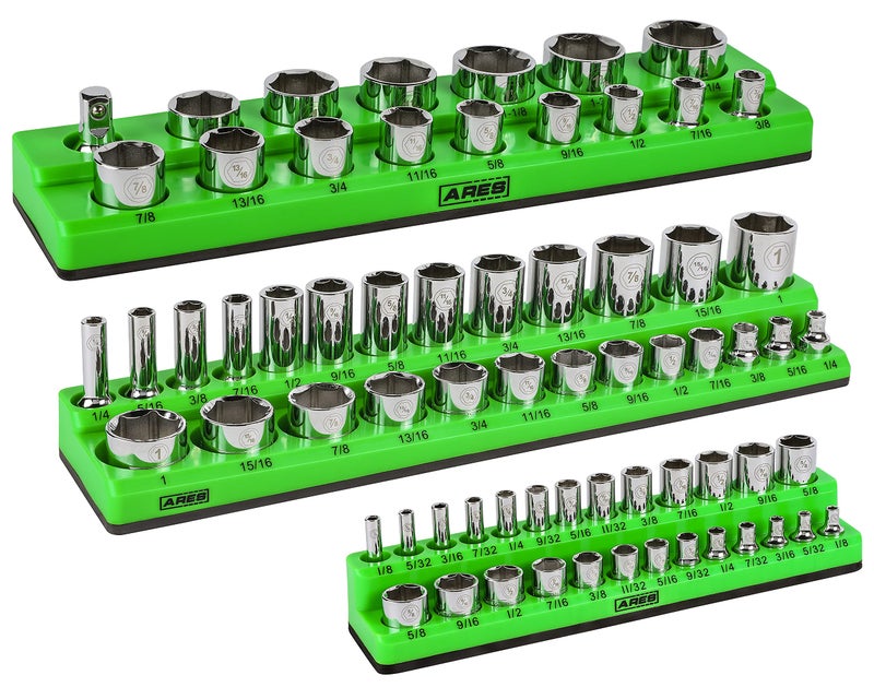 ARES 600373Piece SAE Magnetic Socket Organizers Set  GREEN  Includes 14 in 38 in 12 in Socket Holders  Holds 68 Standard Shallow and Deep Sockets  Also Available in RED