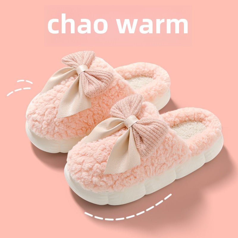 Cozy Winter Womens Cotton Slippers with Bow Pink 