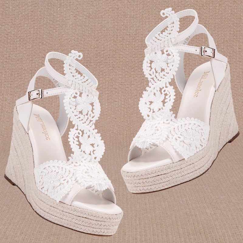 MiLanolce Women's Platform Sandals Wedge Open Toe Ankle Strap lace Wedding Shoes Bridesmaid Shoes,White,Size-5 - Image 5