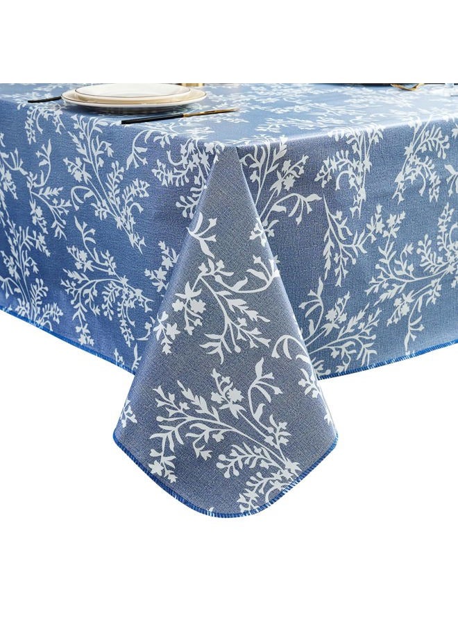 LIBERECOO Vinyl Tablecloth with Flannel Backing –Indigo Botanical Charm, Waterproof, Wipeable, Durable Table Cover – 4 Colors - Image 1