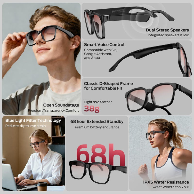 Oraolo Smart Glasses, Polarized Sunglasses with Bluetooth Speaker, Wireless Music & Calls, Athletic/Outdoor UV Protection and Voice Control, Unisex(Brown) - Image 3
