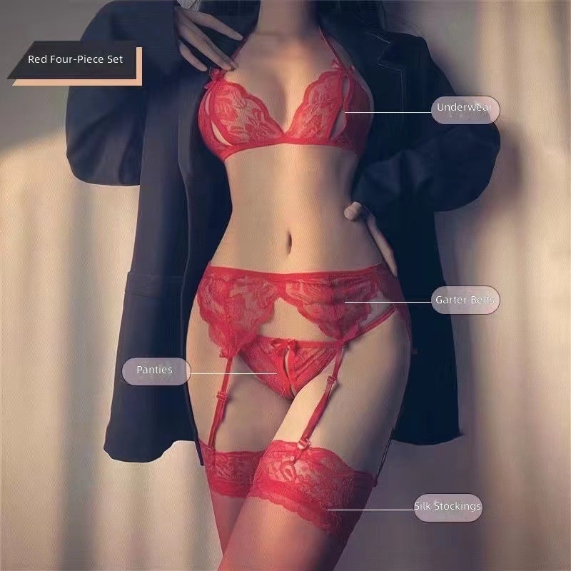 Women's Lace Stocking Set with Adjustable Suspender Belt, Stretch Fit Hosiery, Elegant Floral Pattern Design - Image 3