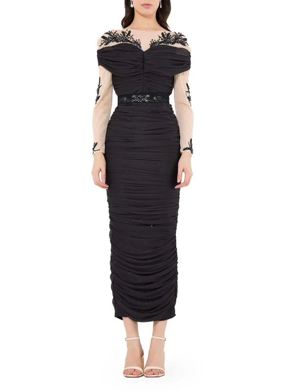 Amri Embroidered Ruche Bardot Dress With Round Neckline And Long Sleeves