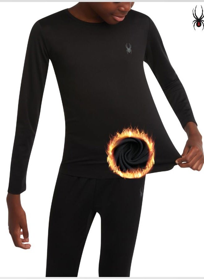 Spyder Kids Thermal Underwear Set - 2 Piece Soft Stretch Moisture Wicking Girls Boys Thermal Set Long Johns for Kids, Black, 6-7 - Image 2