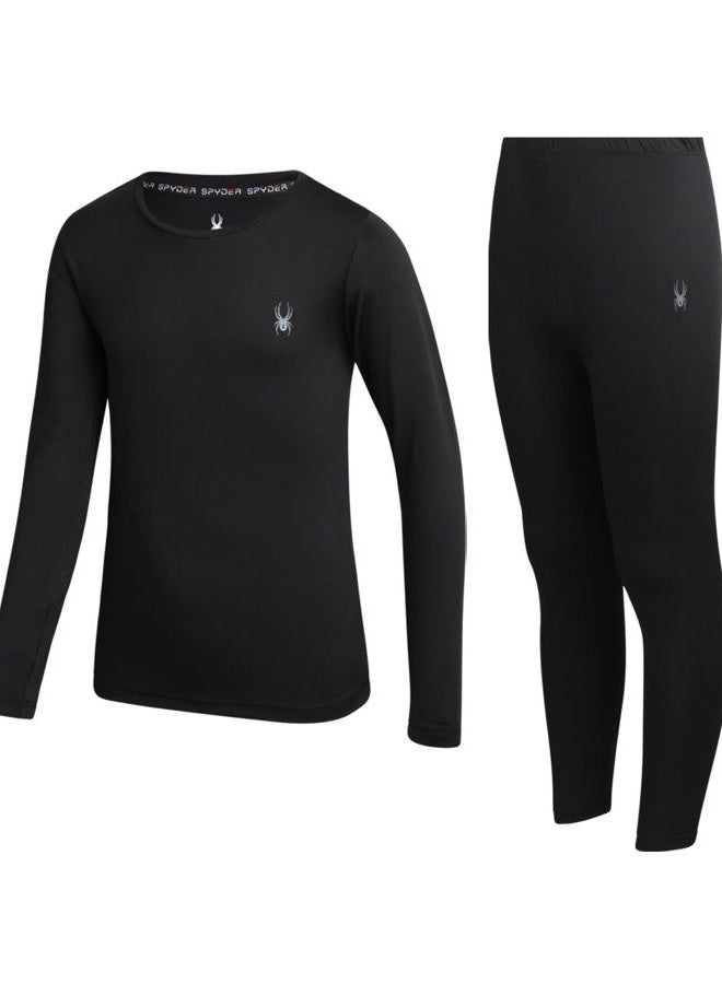 Spyder Kids Thermal Underwear Set - 2 Piece Soft Stretch Moisture Wicking Girls Boys Thermal Set Long Johns for Kids, Black, 6-7 - Image 1