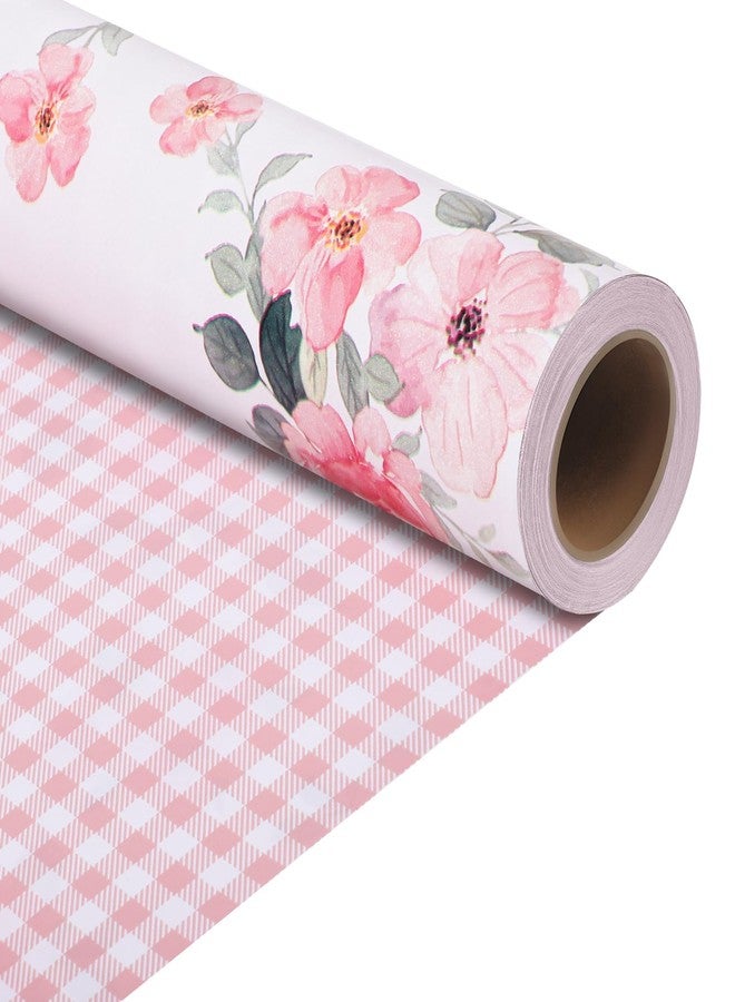 woric Reversible Floral Wrapping Paper Roll -Mini Roll- 17 Inch x 33 Feet Pink Floral Plaid Gift Wrapping for Mother's Day, Wedding, Bridal Shower, Birthday, Baby Shower, Spring Party - Image 1